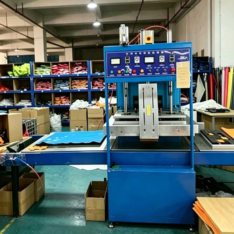 High frequency hot press welding machine for waterproof seam bonding of car roof cargo bags, auto rooftop storage bag OEM production equipment workshop with colorful waterproof fabric stock