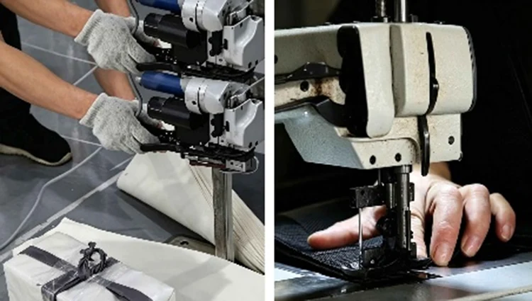  Close-up of heavy industrial sewing machine stitching thick waterproof tarpaulin material for custom car roof bag, OEM auto accessory production workshop
