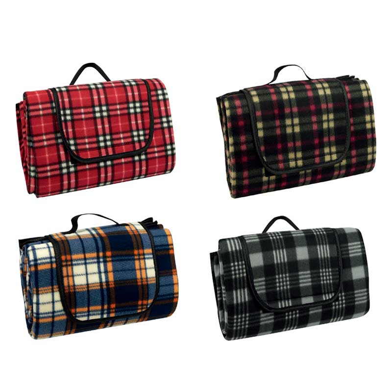 Plaid Styles Fleece Waterproof Picnic Blanket Rolled with Carry Handle